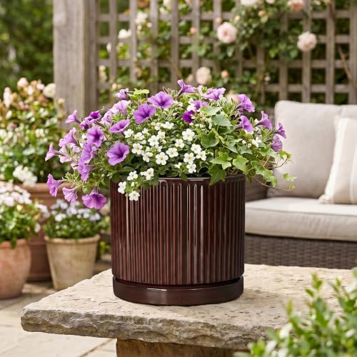 10 Inch Ceramic Plant Pots, Round Flower Pots with Saucer, Brown