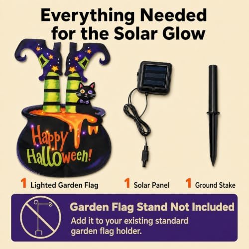 Halloween Lighted Garden Flag, Solar Witch Legs Cauldron Decor, 12 x 18 in