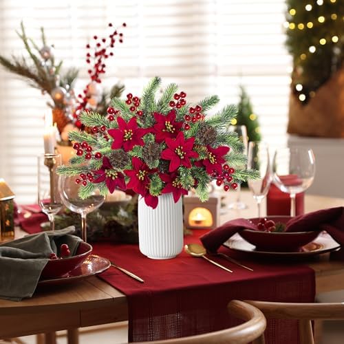 Sggvecsy 6Pcs Christmas Flowers Artificial Pine Branches Poinsettia Floral Picks 14’’ Red Berry Stems with Pinecones for Home Porch Garden Indoor Outdoor Holiday Xmas Decorations