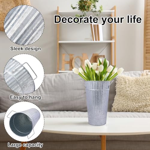 4 PCS 12 Inch Sliver Galvanized Flower Buckets, Metal Flower Vase, Rustic Tall Flower Bucket with Handles for Wedding, Home Décor