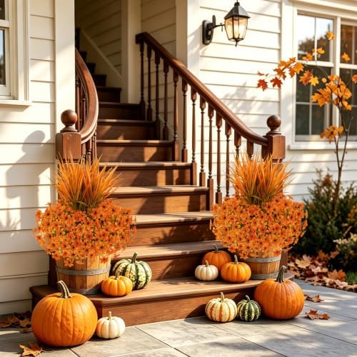 15 PCS Artificial Fall Flowers for Outdoors, Six-Petaled Faux Silk Mums