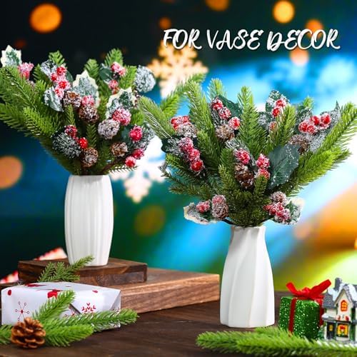 Yunlly 60 Pcs Christmas Pine Picks Holly Berry Pinecones, Snow Style