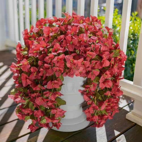 Bougainvillea Artificial Flowers for Outdoors Fake Plants Fall Autumn Decor, 2 pcs Faux Long Trailing Vines UV Resistant Look Real Red Silk Flowers for Outside Planter Front Door Porch Urn Yard Patio