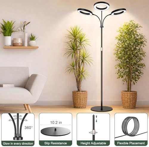 LBW 3-Head Grow Light with Stand for Indoor Plants, Full Spectrum Grow Light for Tall Large Plants, Adjustable Height up to 68", Auto Cycle Timer 6/8/12/16H, 5-Level Dimming, 3 Lighting Modes, Black