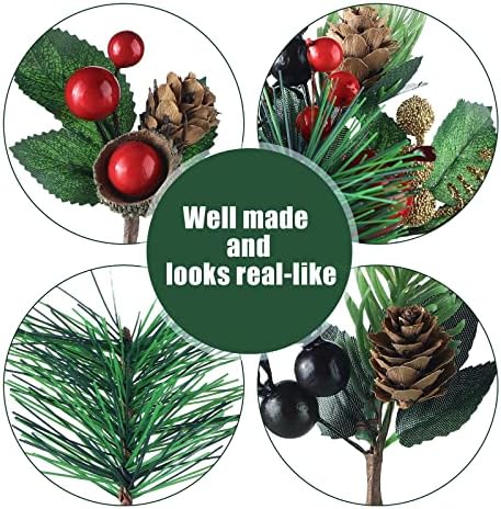 Janinka 28 Pcs Artificial Christmas Greenery Red Berry Picks Pine Cones Holly Berries Flower Stem Needles Branches Fake Greenery Floral Picks for Xmas Tree Winter Crafts Party Festive Home Decor