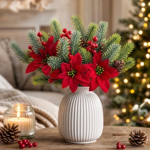 6PCS Artificial Christmas Poinsettia Flowers Fake Poinsettias Pine Cones Red Berry Picks Stems Holly Holiday for Xmas Tree Party Decoration DIY Indoor Outdoor Planters Table Vase Centerpieces