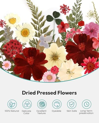 Dried Flowers, Resiners 174Pcs Pressed Flowers for Craft Red Real Natural Dried Flowers Dry Leaves Kit for DIY Making Crafts Resin Soap Candle Scrapbook Supplies Card Making Jewelry