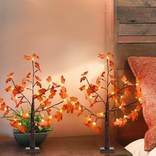 2 Pack 2FT Lighted Maple Tree, Artificial Fall Tree with Timer for Indoor
