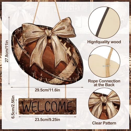 Fall Football Wreath for Front Door, Wooden Welcome Door Sign with Bow