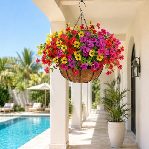 Artificial Hanging Basket, 12 Pcs Mixed Color Mums UV Resistant Outdoor