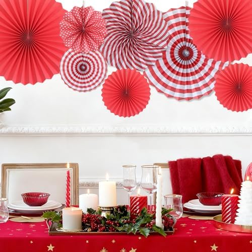 Red Party Deocations Hanging Round Paper Fan Decoration Set 8Pcs