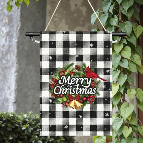 Christmas Garden Flag 28x40 Inch Black White Buffalo Plaid Flags
