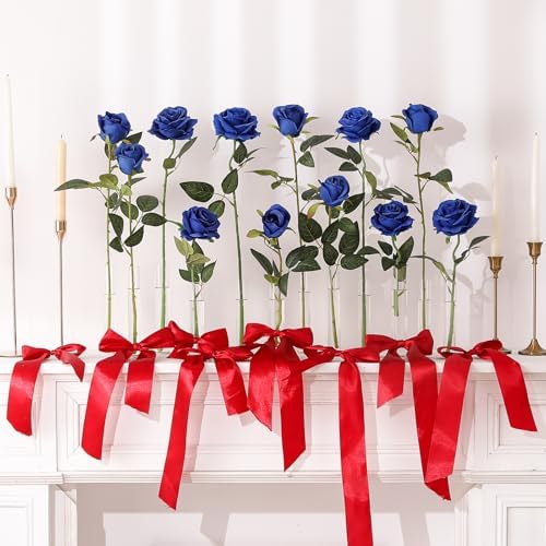 Blue Fake Roses Artificial Flowers - 10 Pcs Fake Artificial Roses Silk Flowers with Stems for Home Wedding Hotel Office Centerpiece Decor