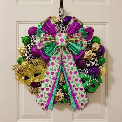 Mardi Gras Tree Topper Bow Decorations,12”x20” Large Glitter Wreath Bow Decor for Tree Holiday Party Wall Home Front Door Float Golf Cart Gold Green Purple