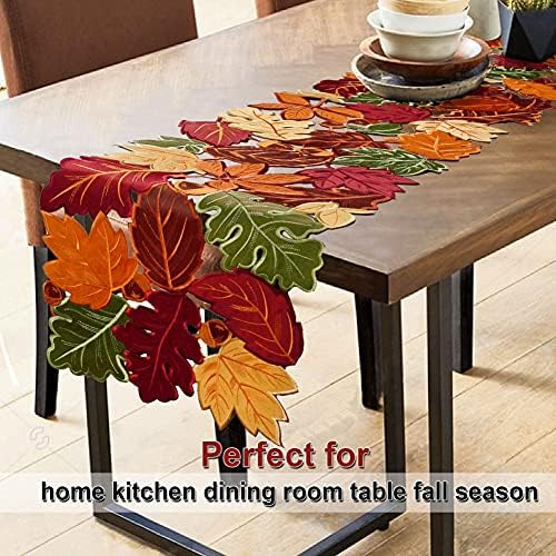 OWENIE Fall Table Runner, Thanksgiving Table Runner Extra Long 144 Inches ,Embroidered Harvest Leaves Home Decor for Autumn Season Outdoor Table Holiday Decorations, 13 x 144 inches Dresser Scarf