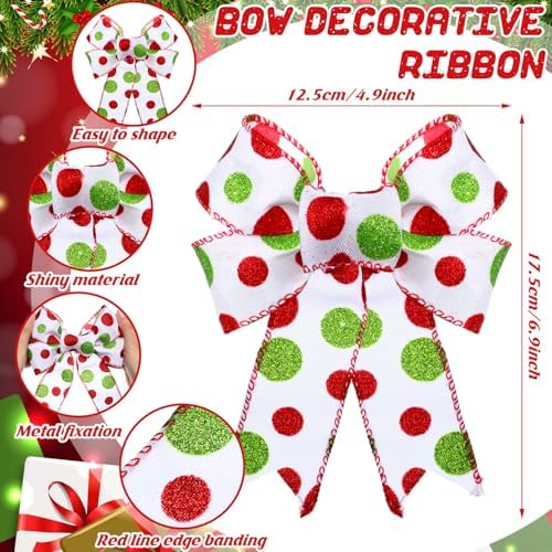 Lyrow 16 Pcs Large Christmas Bows Polka Dot Christmas Tree Bow, White Green