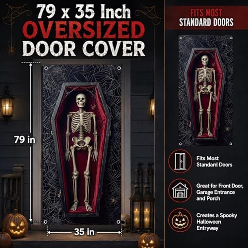 Irenare Halloween Door Cover 79"x35" Coffin Skeleton Halloween Decorations