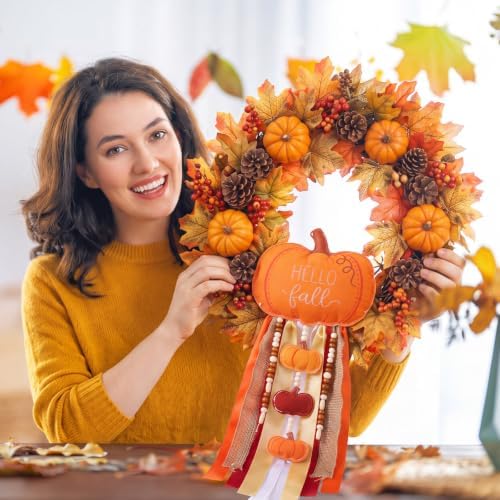 Riceshoot Fall Wreath Sash with Bow Blue White Floral Ribbon Clip Decor