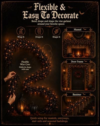 Halloween Garland with Lights, Creepy Black Vine Garland for Mantel Decor