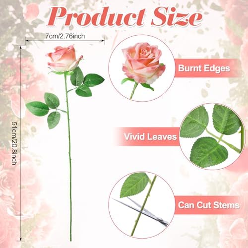 36 Pcs Pink Champagne Rose Artificial Flowers Bulk with Long Stem