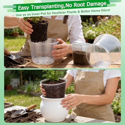 FUIJOL 12 Inch 4 Pack Large Clear Plastic Nursery Pots with Drainage