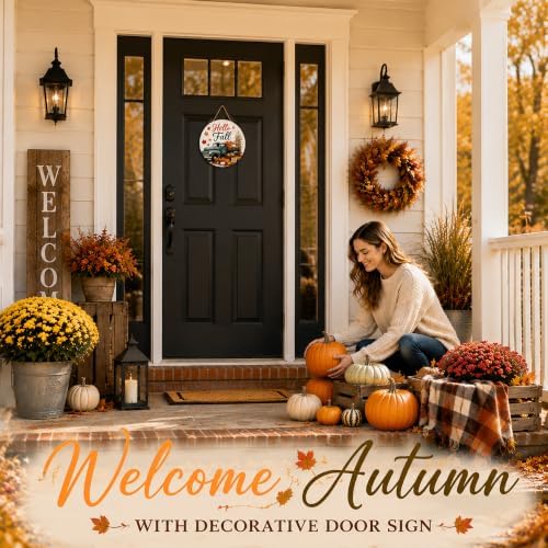 Fall Door Sign, 11.5" Wooden Hello Fall Sign with lanyard, Autumn Hanger
