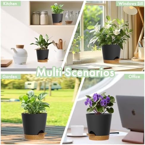 WSMKSZ 7/6.5/6/5.5/5/4 inch Self Watering Pots for Indoor Outdoor Plants, 6 Pack Plastic Flower Planters with Drainage Holes and Removable Saucers, Plant Pots with Wicking Rope, Black Brown