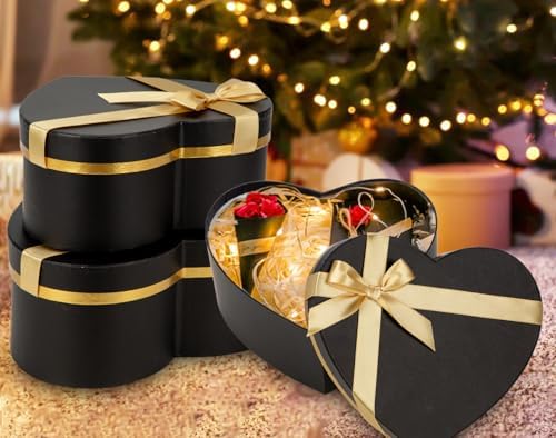 Oairse Black Gift Boxes with Lids for Present Heart Shaped Flower Box for Arrangements Set of 4 Floral Gift Boxes with Ribbons for Bridesmaid, Proposal, Wedding, Birthday, Baby Showers