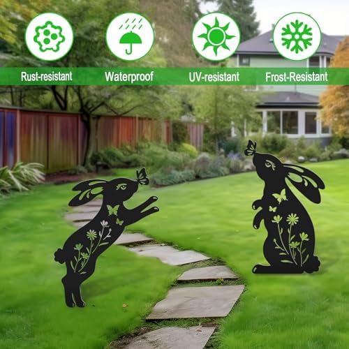 Metal Bunny Garden Decor,2 Pack Rabbit Silhouette Yard Art Outdoor,Rabbit Garden Stakes Decorations for Yard,Lawn,Patio,Easter Gifts for Women