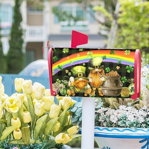 Gnomes St. Patrick's Day Magnetic Standard Size Mailbox Covers 18"X21" Green Shamrock Gold Coins Mailbox Cover Holiday Mailbox Wrap Post Letter Box Cover for St Patricks Home Garden Outdoor Decor