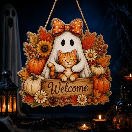 Halloween Door Wreath, Wooden Ghost Cat Welcome Door Wall Sign