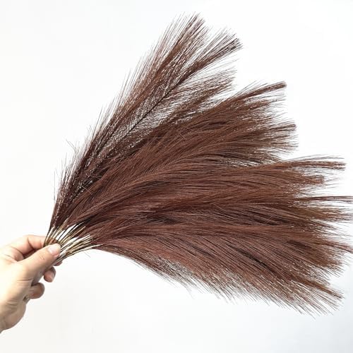 Fake Pampas Grass Plants Artificial Reeds Decoration Set of 28 Stems 17” Faux Florals Bulrush Fluffy Beige Branches Home Wedding Party Vase Fillers Christmas DIY Feathers Décor - Brown Coffee 28 Pcs