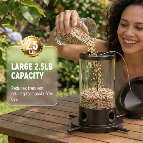 MrCrafts Metal Bird Feeder for Outdoor Hanging - Premium Iron Wild Bird Feeders, Bronze Heavy Duty Iron with Drainage Holes, One-Handed Refill Sliding Roof, Elegant Minimalist Garden Decor