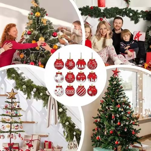 12Pcs Red and White Christmas Tree Decorations with Flat Ball Designs