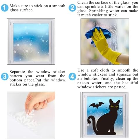 Whaline 6 Sheets Halloween Black Cat Window Clings Spooky Cat Bat Silhouette Reusable Window Decals for Haunted House Home Office School Glass Decor Party Supplies