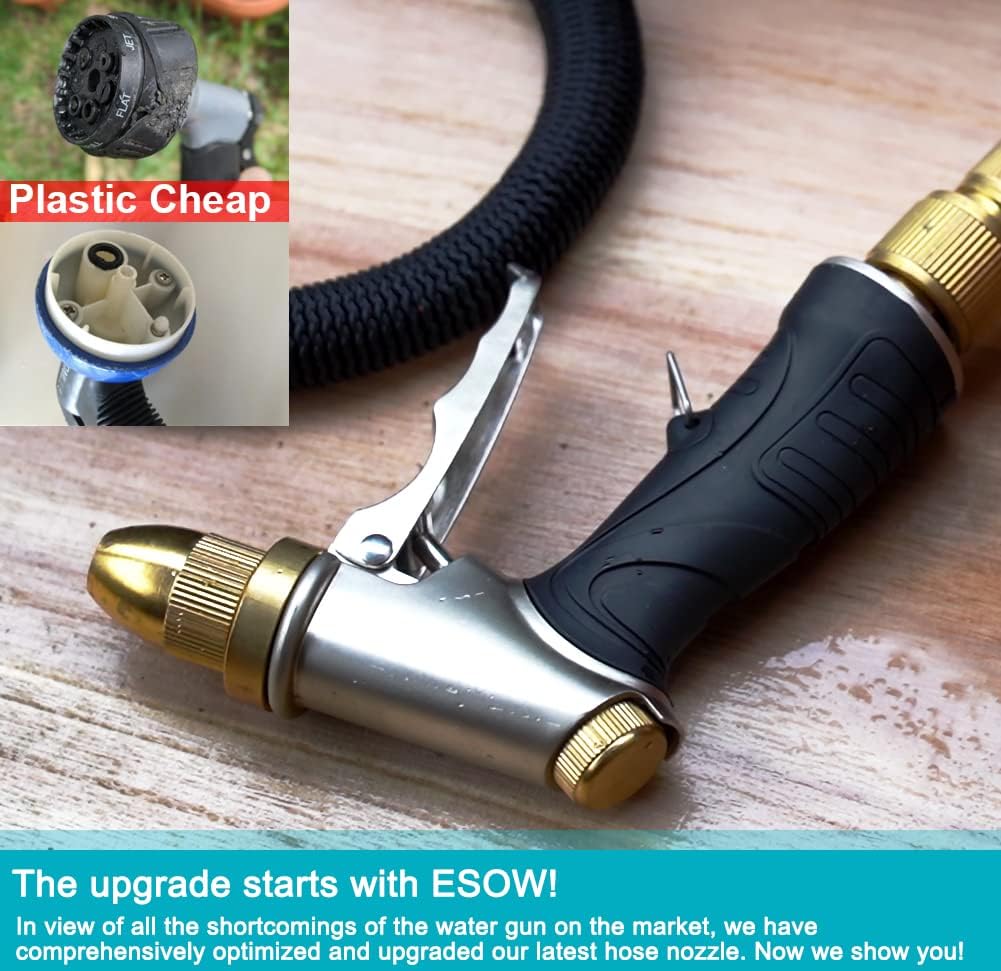 Garden Hose Nozzle, Heavy Duty Metal Brass Nozzle, 4 Spray Patterns | Full brass nozzle, ABS non-slip ergonomic grip.