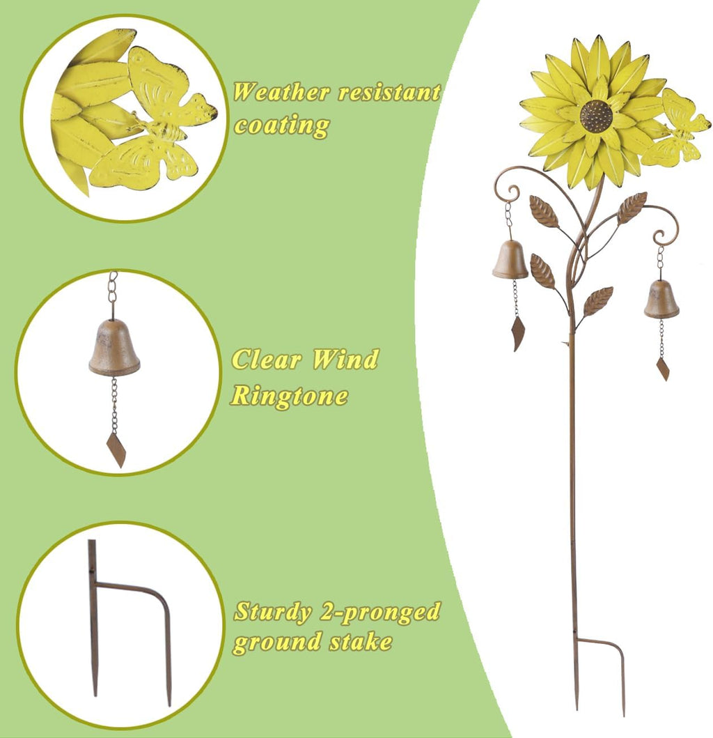 Decorative Garden Stakes,Garden Stake with Bells,Metal Flower Garden Decor | 50"H Sunflower Metal Flower Garden Stake