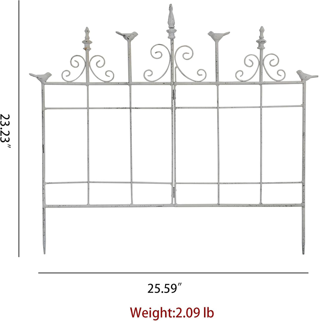 Vintage Distressed White Metal Garden Fence Panels, 25.6" W x 23.2" H Rustic Cast Iron Picket Fence, Outdoor Landscape