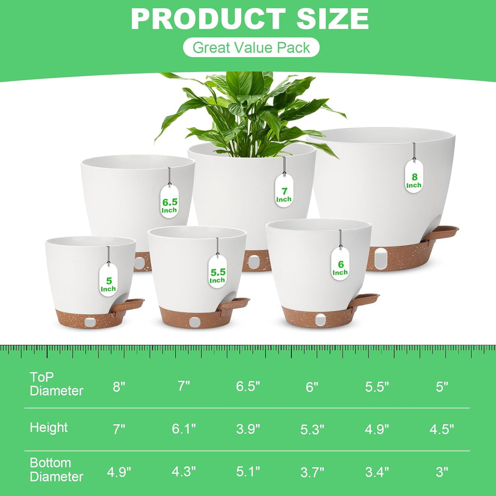 Self Watering Planter with Visual Water Level, 6Pack Small Plastic Pot Set with Drainage Holes and Reservoir Saucers