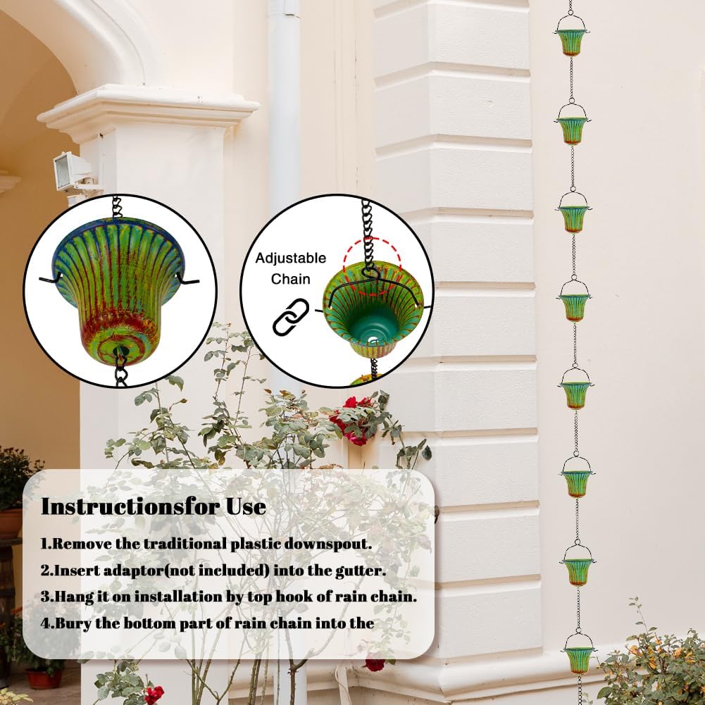 10ft Rain Chains for Outside Gutters, Eaves, Drainage | 12 Cups, Metal Rain Chain, Adjustable Length, Decorative