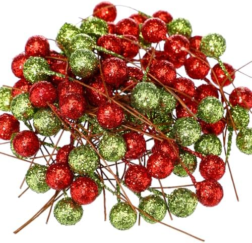 BBTO 100 Pack Artificial Holly Berries Mini 10 mm Christmas Fake Berries Stems Crafts Faux on Wire for Christmas Tree Decoration Flower Branches Ornament Wreath DIY Winter Home (Glitter Red and Green)