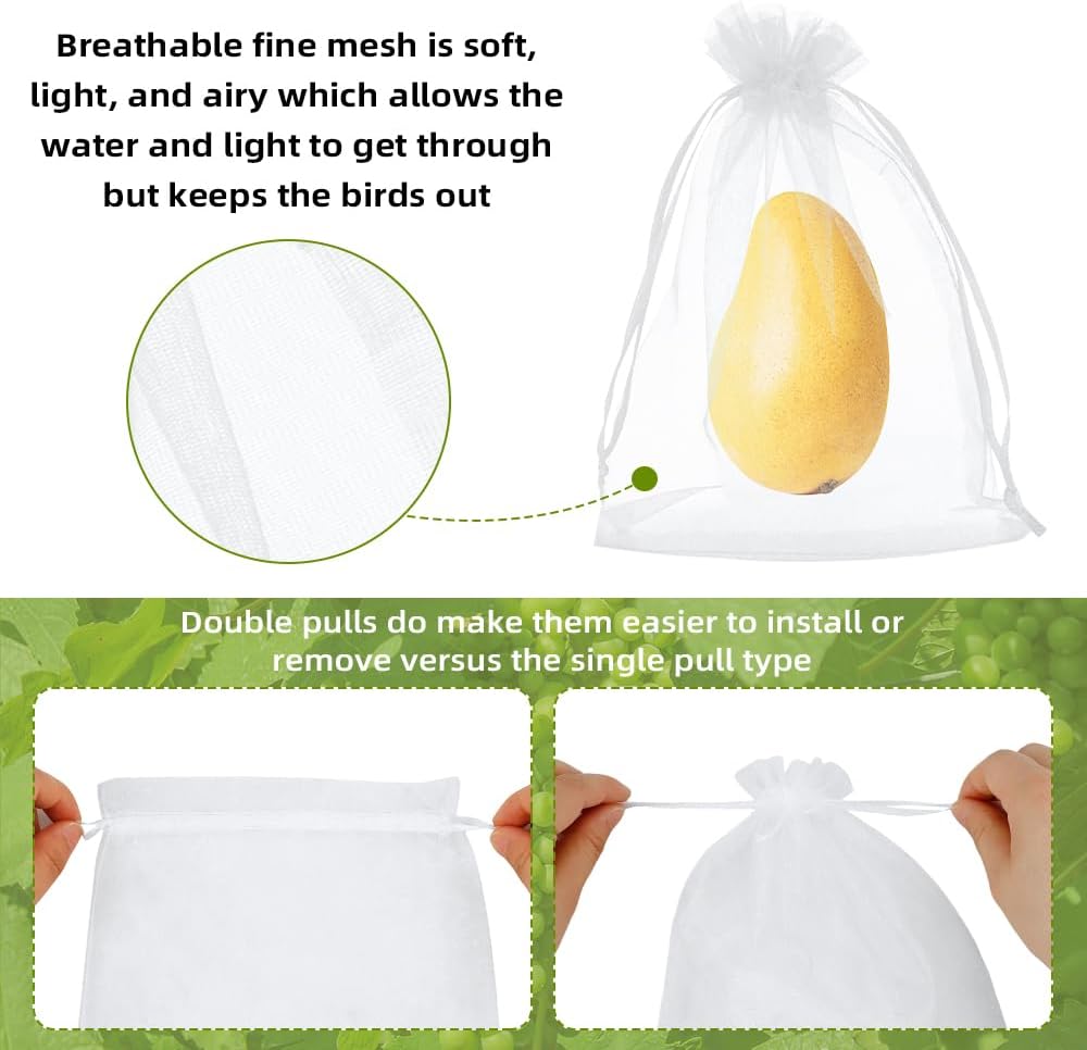 100Pcs Fruit Protection Bags 8''×12'' Fruit Netting Bags for Fruit Trees White Fruit Netting Cover Mesh Bags with