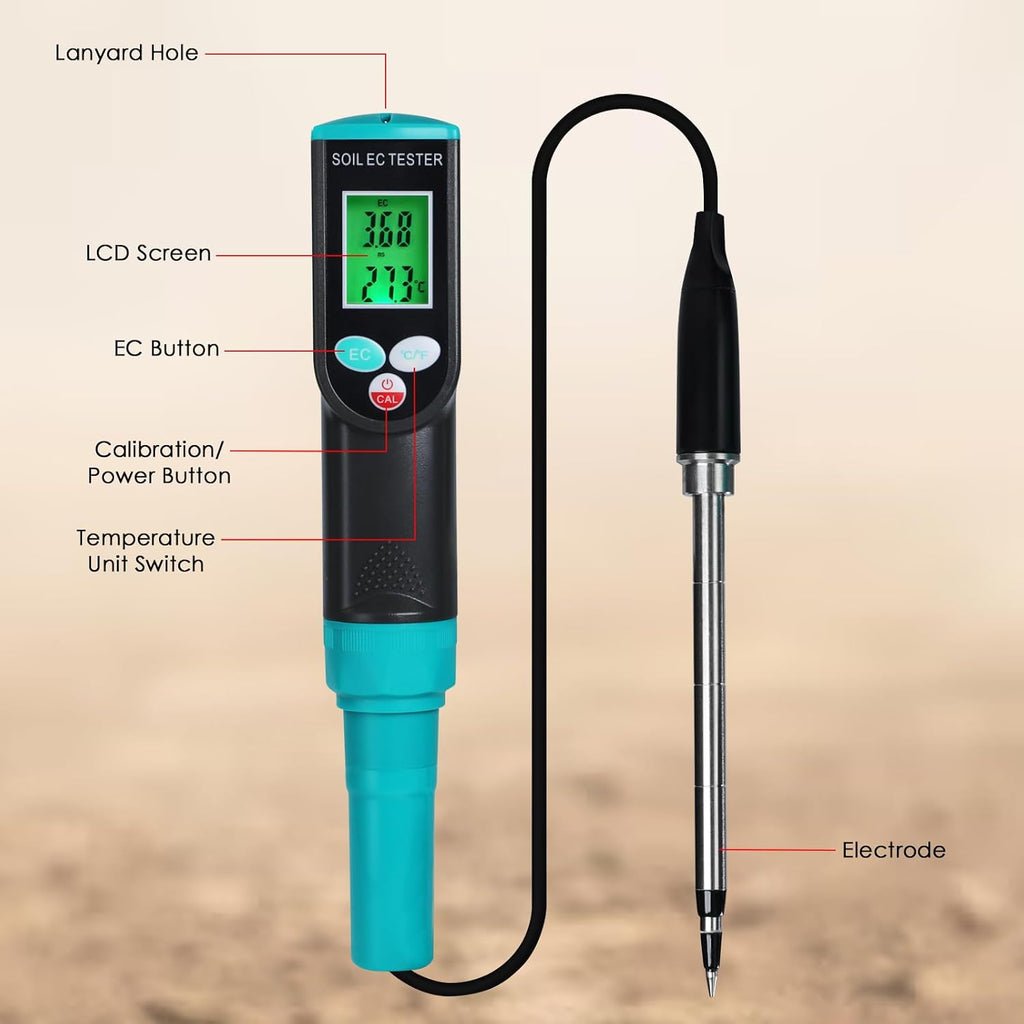 Soil EC & Temperature Meter, 2-in-1 Waterproof Digital Soil Tester with ATC, High Accuracy EC Sensor for Soil