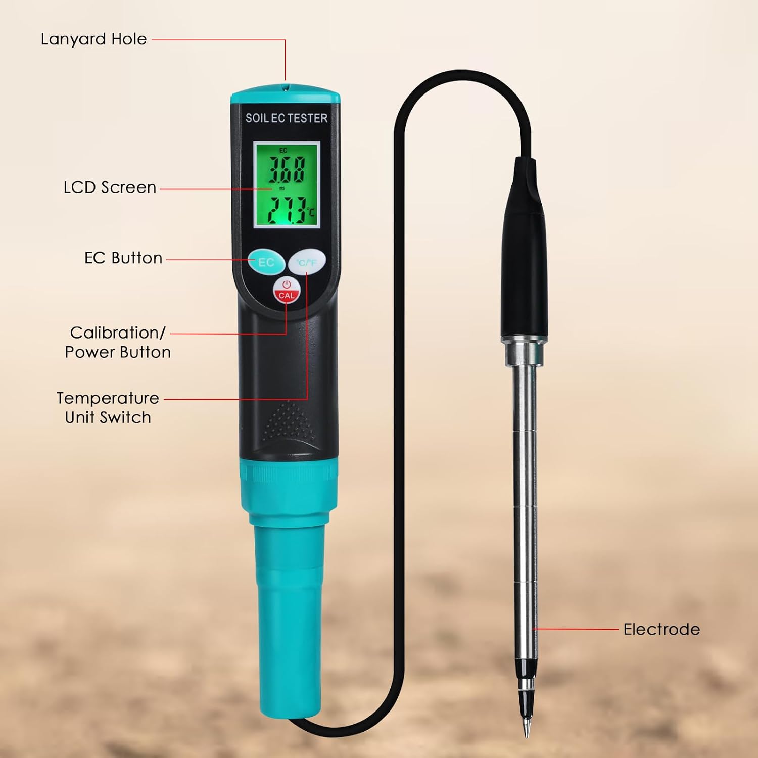 Soil EC & Temperature Meter, 2-in-1 Waterproof Digital Soil Tester with ATC, High Accuracy EC Sensor for Soil