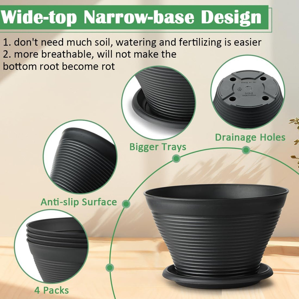 RooTrimmer 5 Pack 10 Inch Plant Pots with Saucers, Plastic Flower Pots with Drainage Holes, Large Planters for Indoor