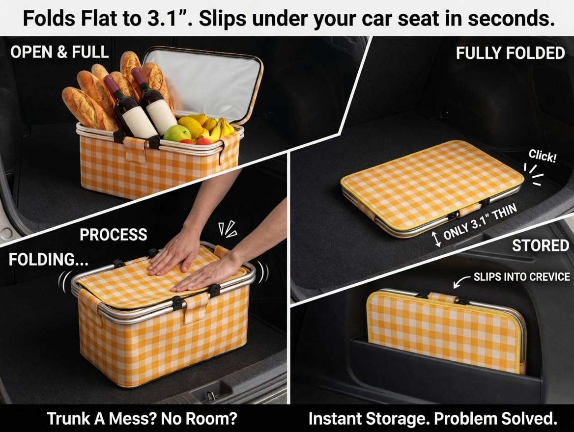 22L Collapsible Picnic Basket with Waterproof Blanket - Insulated Cooler Bag & Yellow Plaid Hamper Set - Includes