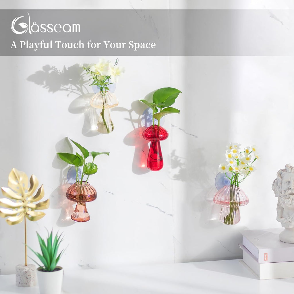 Glasseam Window Plant Propagation Station: 4Pcs Glass Hanging Mushroom Vase | With Suction Cup, Colorful, Cute