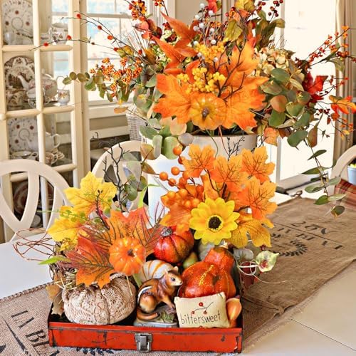 Krissing 12 Pcs Artificial Fall Floral Picks with Sunflower and Pumpkin
