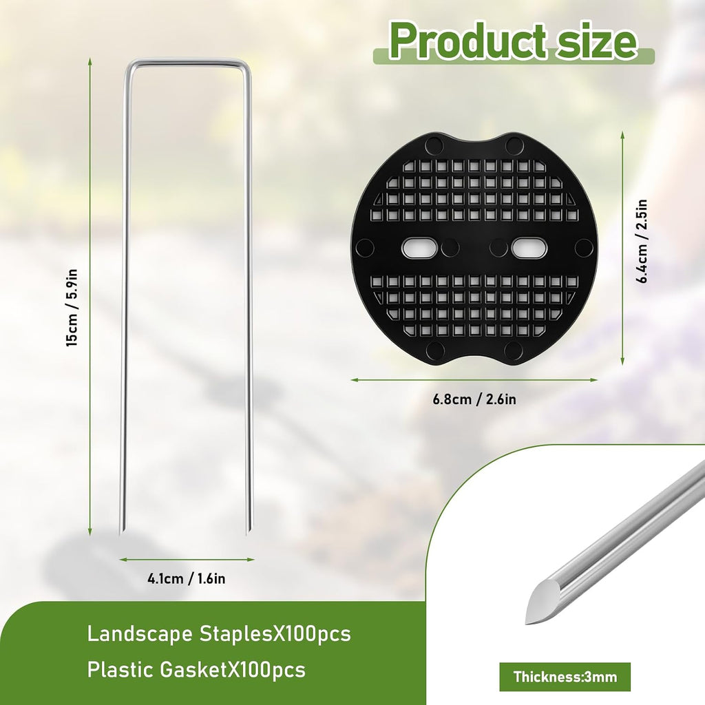 200Pcs Garden Stakes Staples Kit, 100Pcs 6 Inch U-Shaped Landscape Staples, 100Pcs Fixing Gasket for Weed Barrier