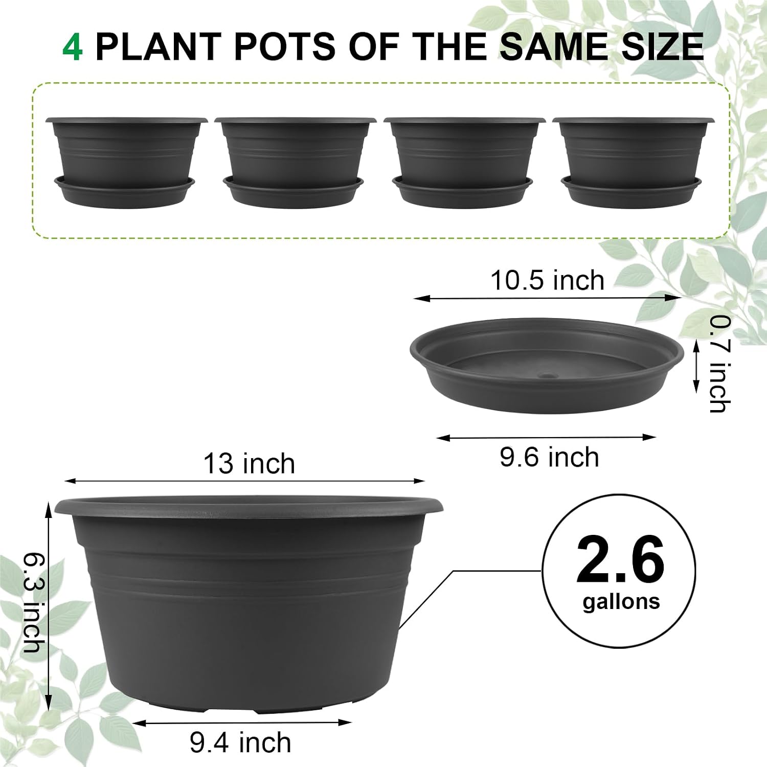 Large Flower Pots Set of 4 Pack 13 inch, Shallow Planter with Drainage Hole | Plant Pots Outdoor with Tray Saucer